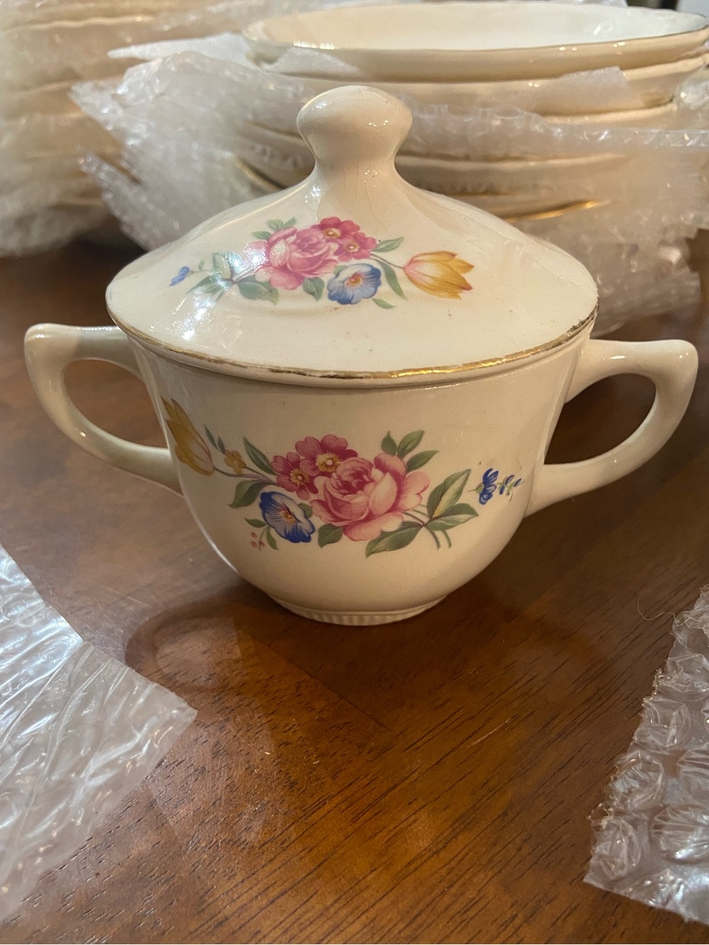 Scio Hazel  Floral Covered Sugar Bowl with Pink and Yellow Accents